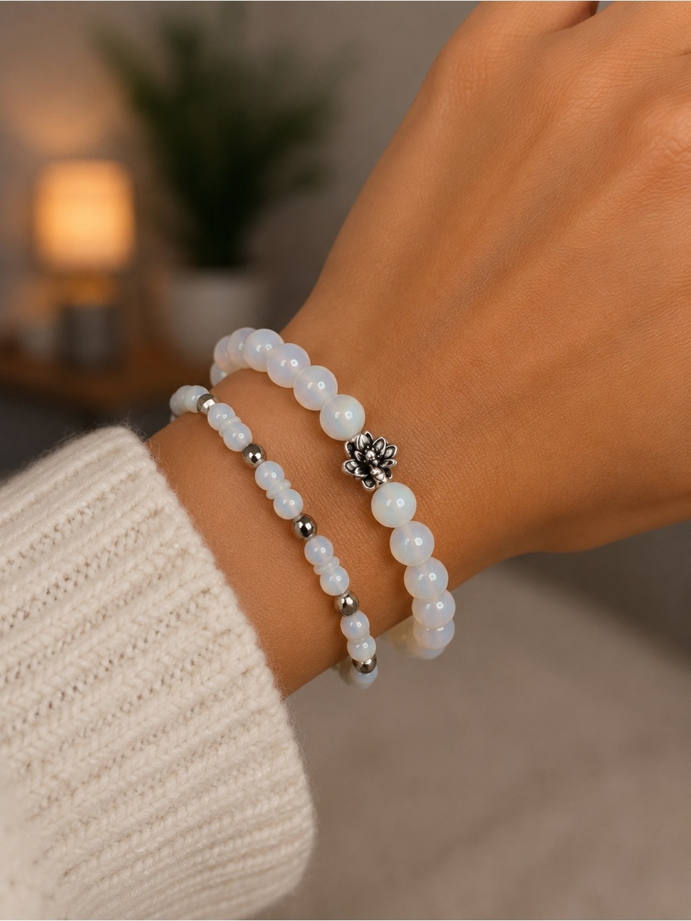 Opalite Lotus Charm Bracelet Set
